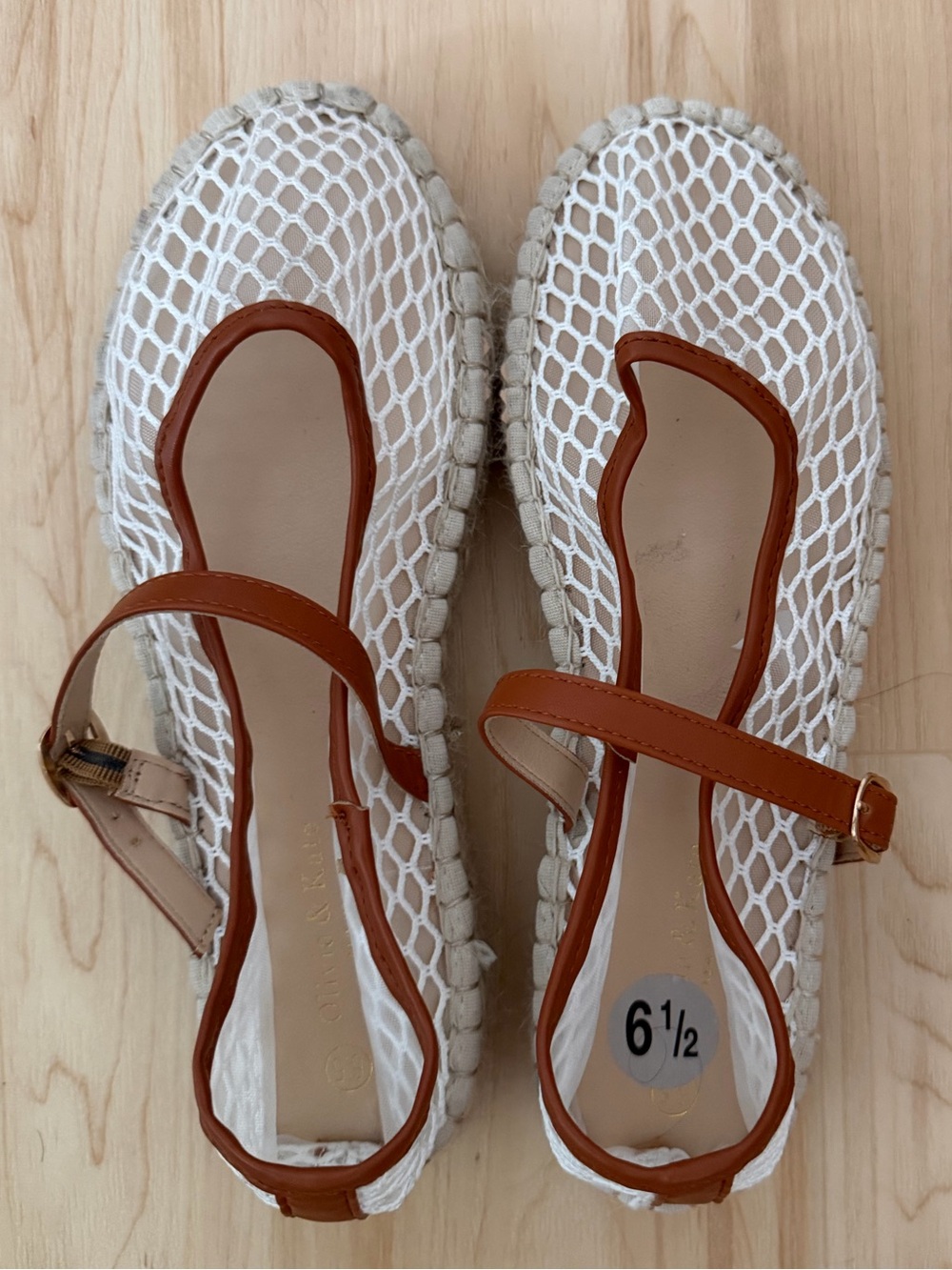 White Mesh Espadrille Flats with Tan Trim